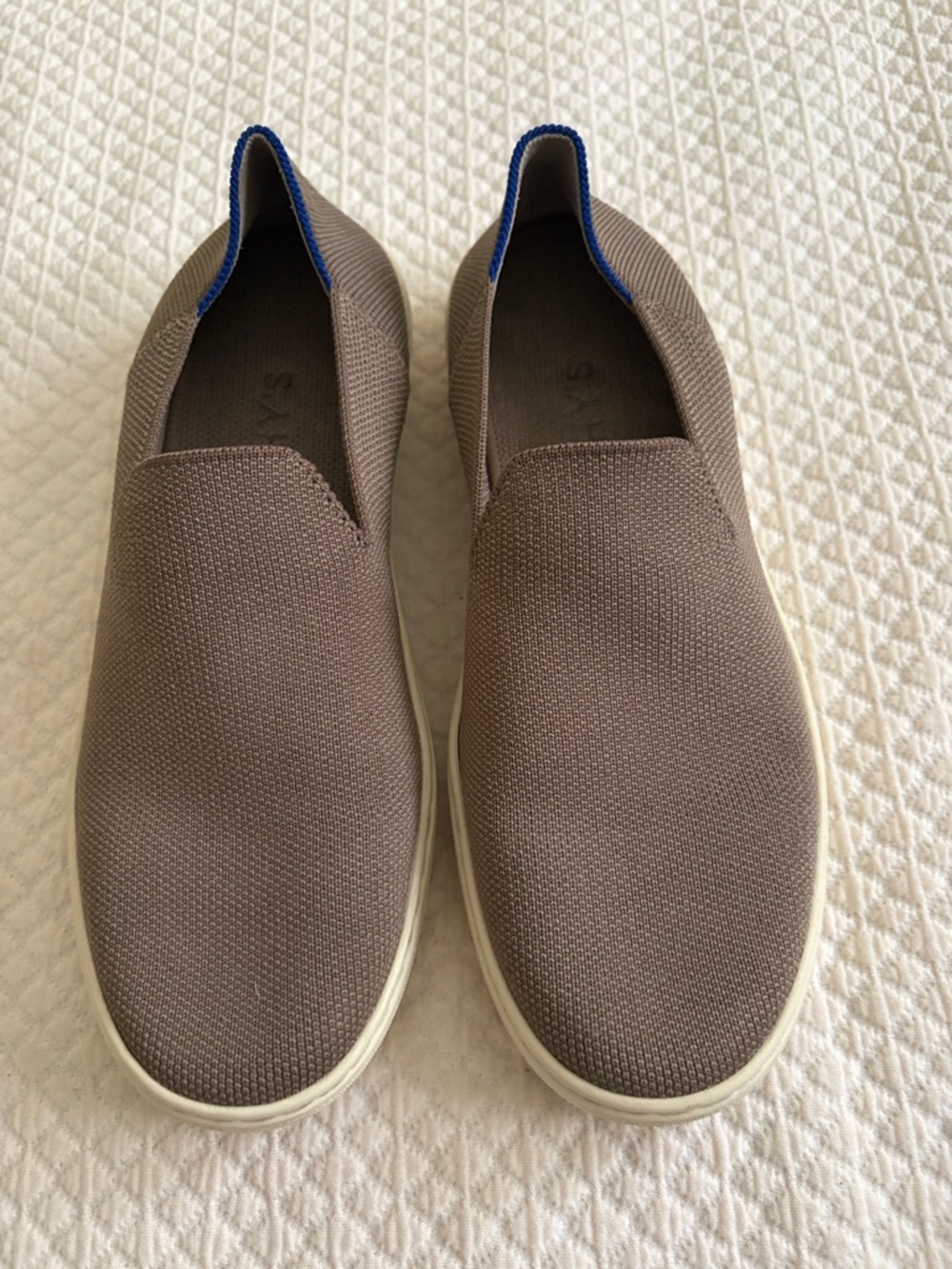 Rothy Slip-On Canvas Sneakers in Taupe with Blue Trim